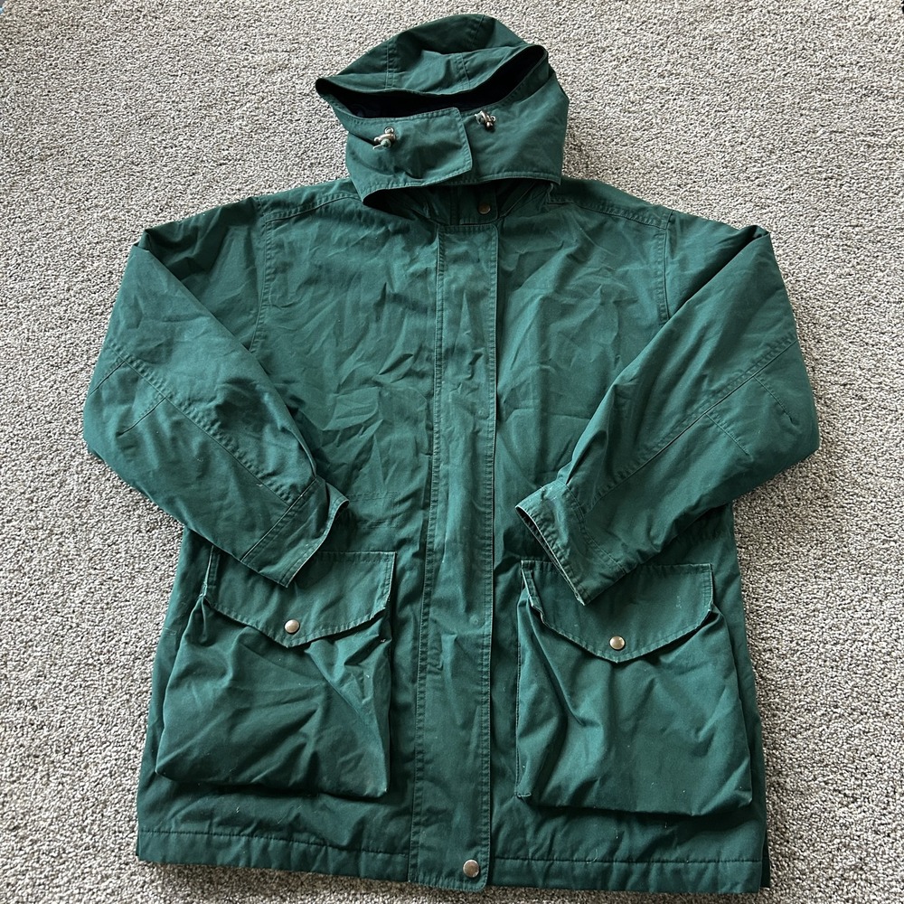 Lands' End Coat Womens Med Green Parka Hooded Insulated Mid Length Zip Pockets